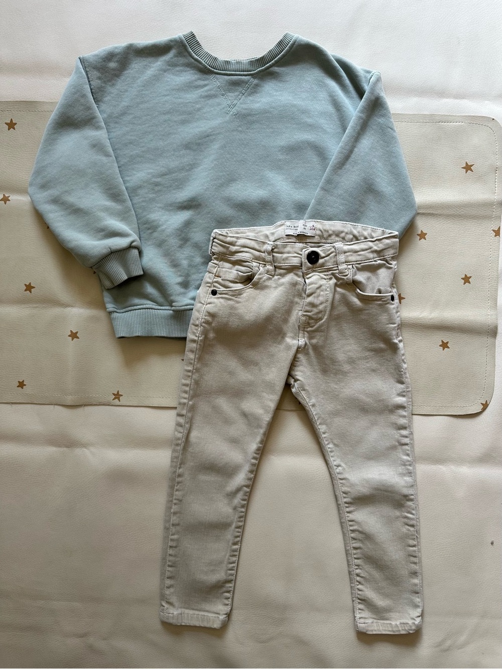 4/5 Zara Sage Crewneck & 4 Cream Denim Pants